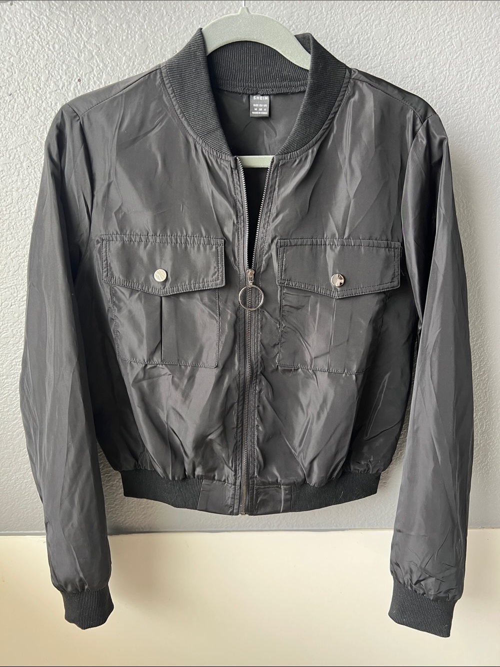 SHEIN Black Bomber Jacket with Front Flap Pockets